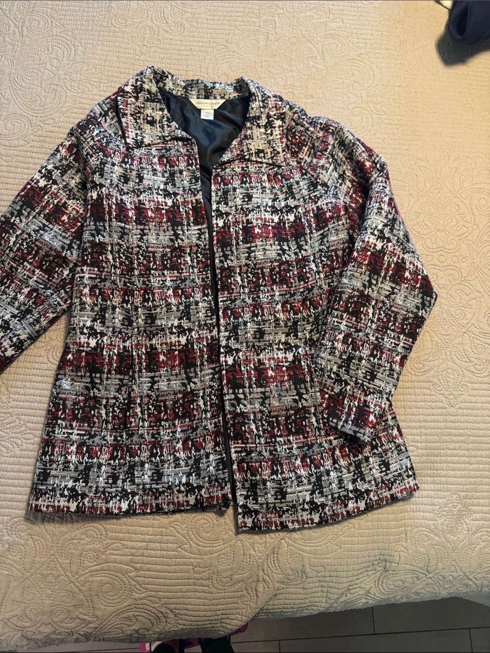 Tweed Open-Front Blazer Jacket in Burgundy, Black & White